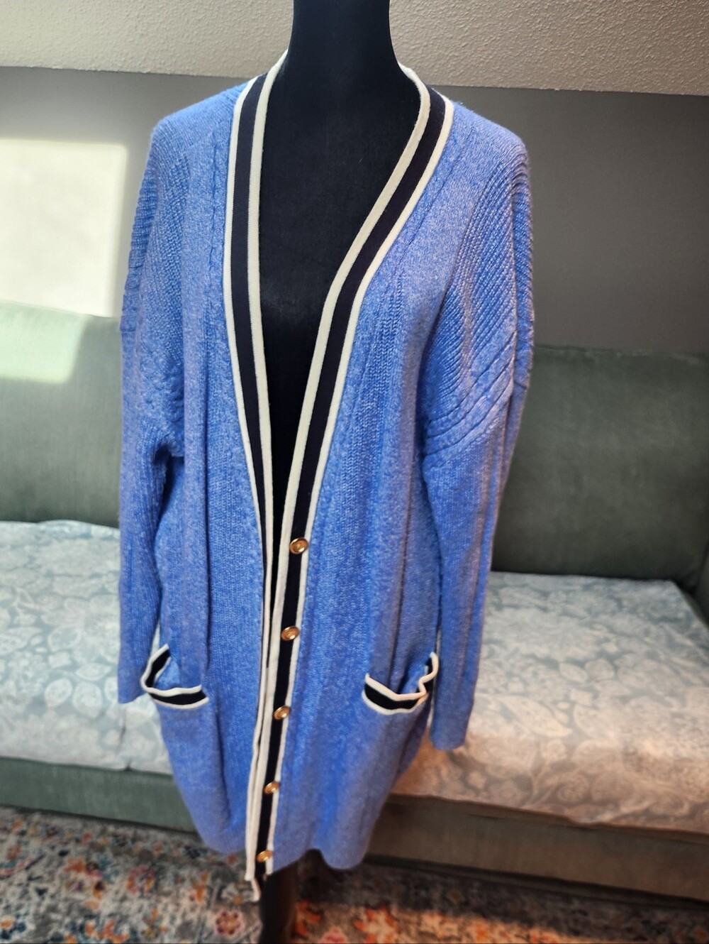 Talbots Blue Long Cardigan with Navy and White Trim Varsity Style 2X Plus Cotton